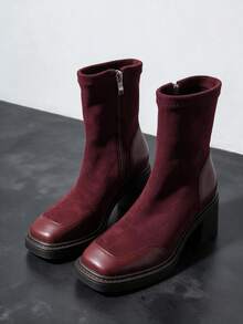 Women's Plus Size Square Toe Elastic Sock Ankle Boots, Chunky Heel Patchwork Retro High Heel Boots, Versatile Slip-On Ankle Boots For Daily Wear - Burgundy - View 8