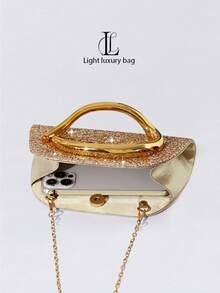 1pc Women's Vintage Metal Handle Clutch Bag, Luxurious Sparkling Crystal Sequin Decor,S, Parties, Galas, Nightclubs, Formal Occasions, Wedding Items - Gold - View 4