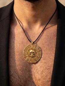 1pc Fashionable Personalized Dark Style Pirate Skull Compass Coin Amulet Pendant Necklace, Men's Gift Choice - Gold - View 2