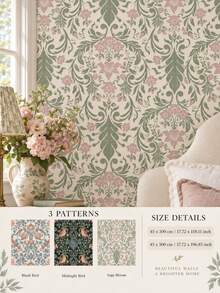 SUPSTICKER Vintage Botanical Bird Peel & Stick Wallpaper, Removable PVC Wall Decor For Bedroom, Living Room & Reading Corner - Flowers - View 1