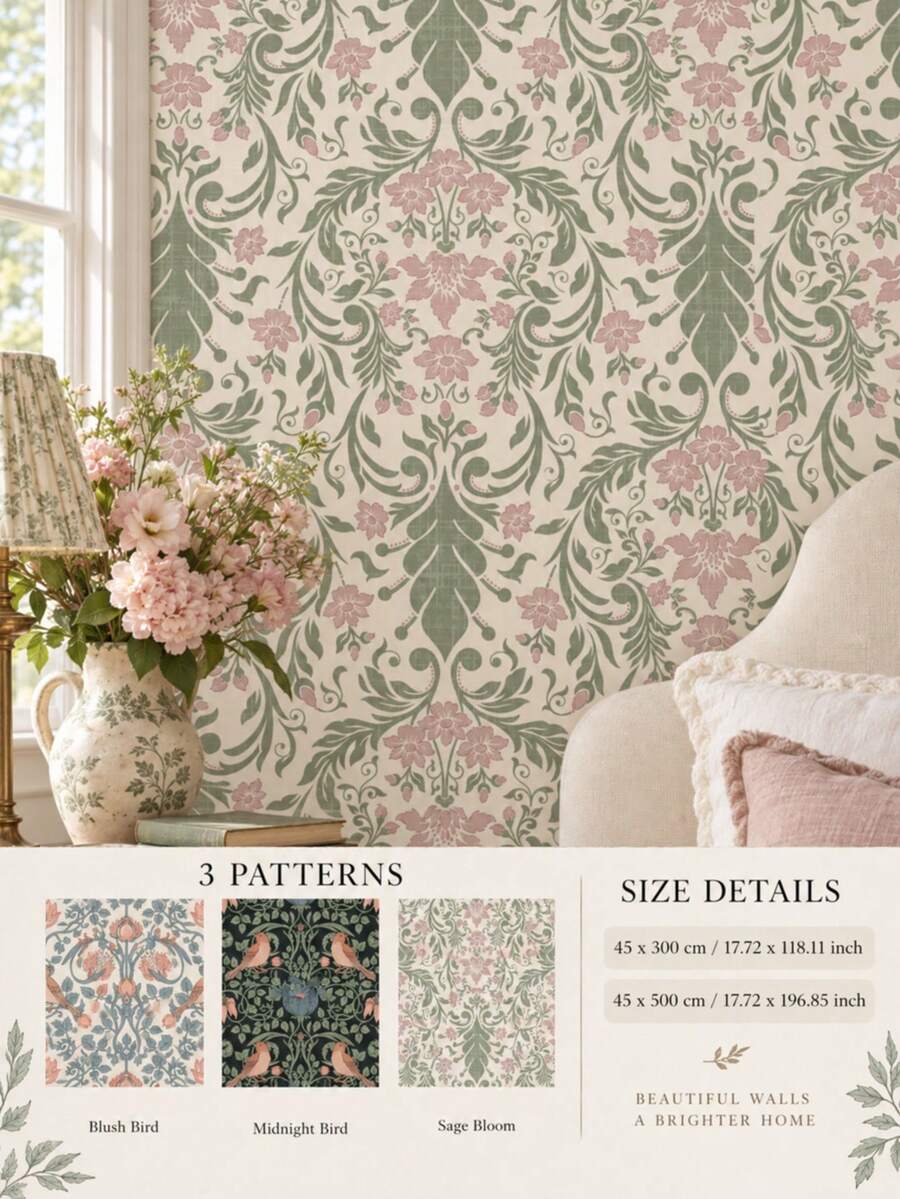 SUPSTICKER Vintage Botanical Bird Peel & Stick Wallpaper, Removable PVC Wall Decor For Bedroom, Living Room & Reading Corner - Flowers - View 1