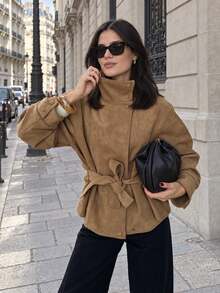 Women's Autumn/Winter Faux Suede Lace-Up Stand Collar Loose Jacket - Camel - View 4