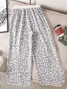 Young Girls Spring/Autumn Leopard Print Drawstring Elastic Waist Drape Floor-Length Casual Wide Leg Sports Long Pants - Grey - View 2