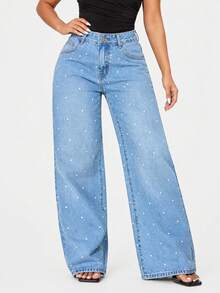 Low Waist Wide Leg Casual Blue Slanted Pocket Curved Women'S Jeans Heat-Transfer Rhinestones - Baby Blue - View 3