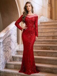 Romagic Mature Elegant Sequin Mesh Patchwork Mermaid Hemline Glamorous Evening Dress - Red - View 4