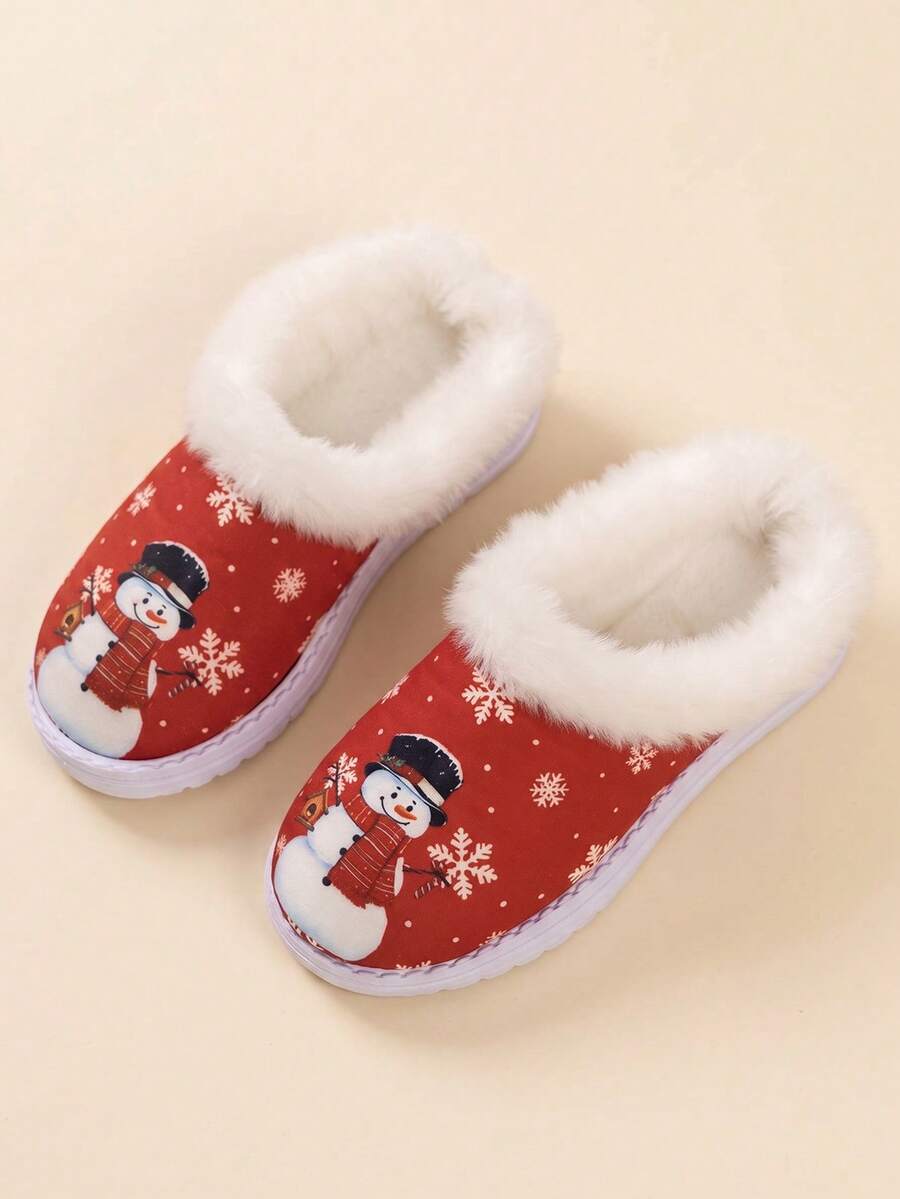 1 Pair Children's Cute Red Snowman Print Thermal Lined Slippers, Suitable For Winter Home Wear - Red - View 1