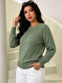 Plus Size Women's Loose Casual Round Neck Long Sleeve Knit Sweater, Textured Pattern Minimalist Design, Versatile Everyday Style - Green - View 4