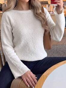 Live To Mo Women's White Round Neck Long Sleeve Pullover Sweater, Casual And Versatile, Chic For Fall Back To School Season, Daily Street Wear - White - View 5