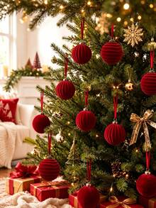12/15pcs Velvet Christmas Tree Hanging Ornaments, Merry Christmas Decorations, Burgundy Christmas Ball Decor, Christmas Decorations, 4/6cm Red Christmas Balls, Christmas Hanging Ornaments, Home Decor, Christmas Decor, Christmas Holiday Decorations, Christmas Gifts, Indoor & Outdoor Decor - Burgundy - View 3