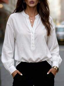 Women's Casual Fashion White Solid Color Sheer Stand Collar Front Button Regular Fit Long Sleeve Shirt, Suitable For Home, Office, Daily Wear, All Seasons - White - View 7