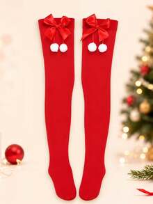 1 Pair Unisex Christmas Red Over-The-Knee Socks, Bow & Pom Pom Decor Thigh High Socks, Festive Holiday Vibe Socks - Red - View 8