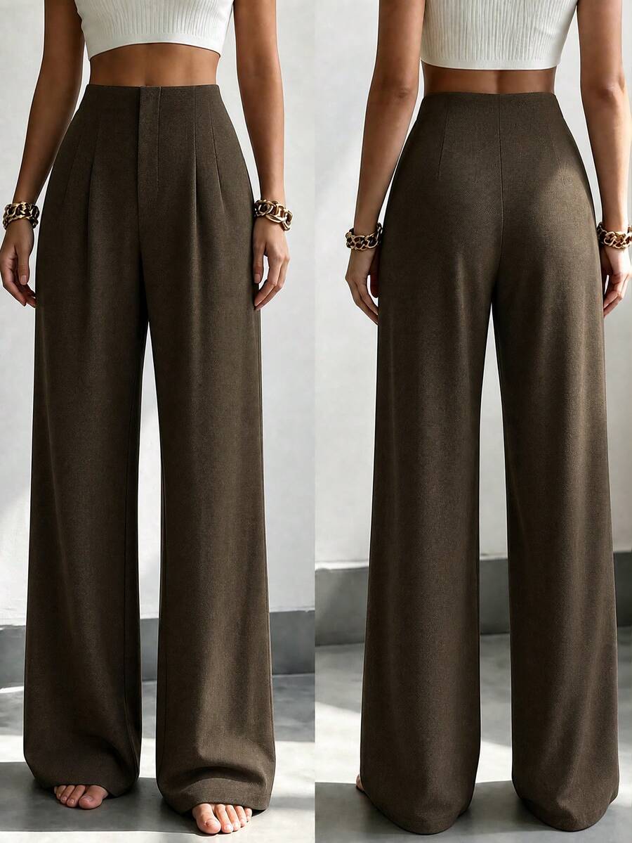 Women's Solid Color Wide Leg Straight Casual Pants, Minimalist Business Versatile Commuter Trousers Spring Brown, Work To Weekend
