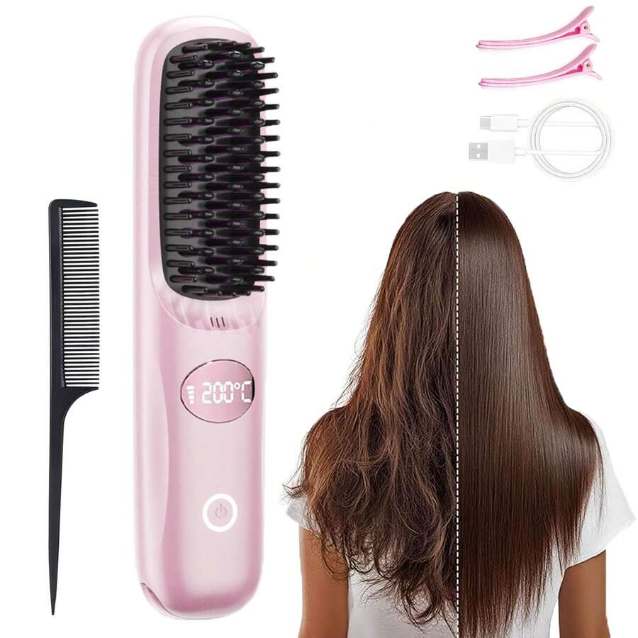 Multi-Color Wireless Curling Comb, Portable Anti-Frizz Tool With LED Digital Temp Control & Anti-Scald Design, USB Rechargeable, Lightweight & Compact, Say Goodbye To Morning Frizz, Smooth Hair Anytime, Anywhere, Multiple Colors Available.