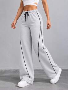 Celana Panjang Wanita Model Longgar dengan Kaki Lebar, Pinggang Elastis Bertali, dan Trim Samping Kontras, Celana Santai Kasual - Grey - View 9