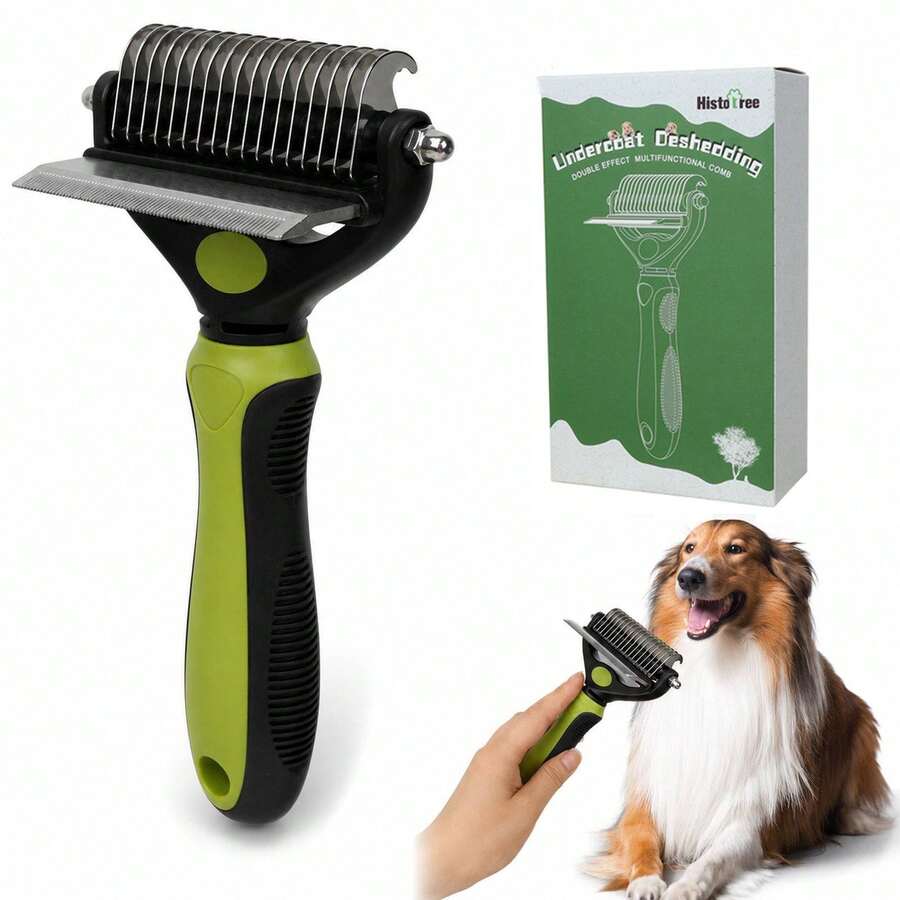 2-In-1 Pet Dematting Comb And Undercoat Deshedding Rake Double Sided Curved Blades Detangling Tool