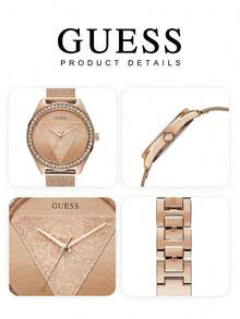 GUESS Gentle Rose Gold Women's Watch With Rhinestone Bezel, Fine Mesh Steel Band, Niche Luxury Casual Wristwatch - Rose Gold - View 6