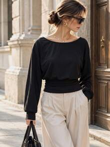 Women's Autumn Boat Neck Long Sleeve Top, Dropped Shoulder Lantern Sleeve Waist-Cinching Slim Fit Cropped Blouse - Black - View 3