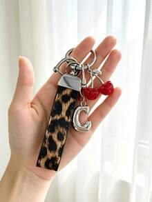 26 Alphabet Letter Keychain Pendant Creative Leopard Print PU Rope Key Strap, Cherry Charm, Car Keychain Pendant, Bag Charm Accessory, Key Decoration Accessory, 26 Letters To Choose From, Meaningful Gift For Family And Friends On Holidays - Brown - View 27
