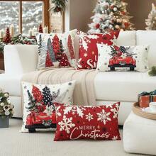4pcs Christmas Lumbar Pillow Covers, Red Truck Christmas Tree Snowflake Let It Snow Merry Christmas Print Rectangular Throw Pillow Cases, Winter Holiday Sofa Cushion Covers, No Pillow Insert - Multi-color Snowflake - View 4