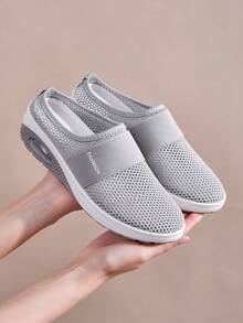Women's Summer Mesh Breathable Half-Slip-On Shoes, Slip-On Slouchy Casual Shoes, Plus Size Soft Sole Comfortable No-Heel Mule Shoes - Light Grey - View 2