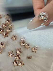8pcs Fall, Autumn, Fall Nails 3D Star Rhinestone Nail Art Accessories, Champagne And Silver Five-Pointed Star Crystals, Glossy Delicate Shiny, DIY Gentle Luxury Autumn/Winter Nail Decor - Multicolor - View 1