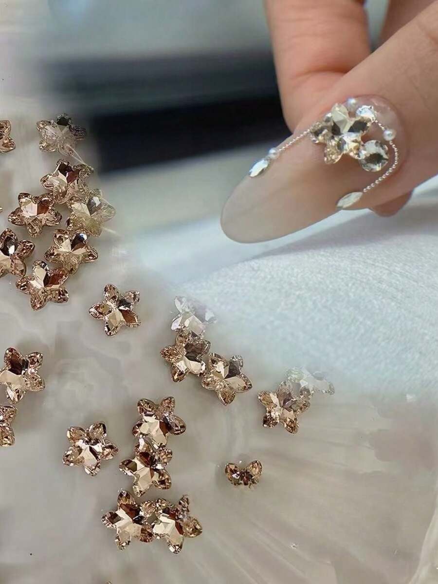 8pcs Fall, Autumn, Fall Nails 3D Star Rhinestone Nail Art Accessories, Champagne And Silver Five-Pointed Star Crystals, Glossy Delicate Shiny, DIY Gentle Luxury Autumn/Winter Nail Decor - Multicolor - View 1