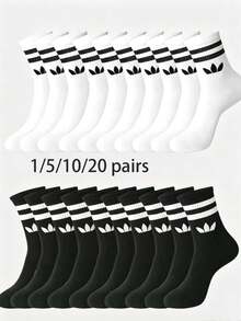 1/5/10/20 Pairs Women's Striped And Solid Color Mid-Calf Sports Socks, Couple Style, Breathable And Moisture-Wicking Casual Socks, Unisex, Suitable For Daily Wear, Sports Occasions And Campus Style, Random Color Assortment - Multicolor - View 14