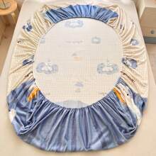 1pc Cartoon Print Flannel Fitted Sheet, Soft & Comfortable, Skin-Friendly & Breathable, Fashionable & Fresh Bedding, Mattress Protector, Suitable For Hotel, Bedroom, Guest Room, Student Dorm, All Seasons - Baby Blue - View 4