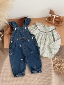 Baby Floral Embroidered Denim Adjustable Shoulder Strap Overalls, Loose Rolled Hem Long Pants For Boys And Girls - Navy Blue - View 11