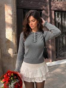 Slouchy Polo Collar Knit Long Sleeve Women's Inner Layer Top, Elegant Commuter Knit Sweater For Autumn/Winter - Grey - View 2