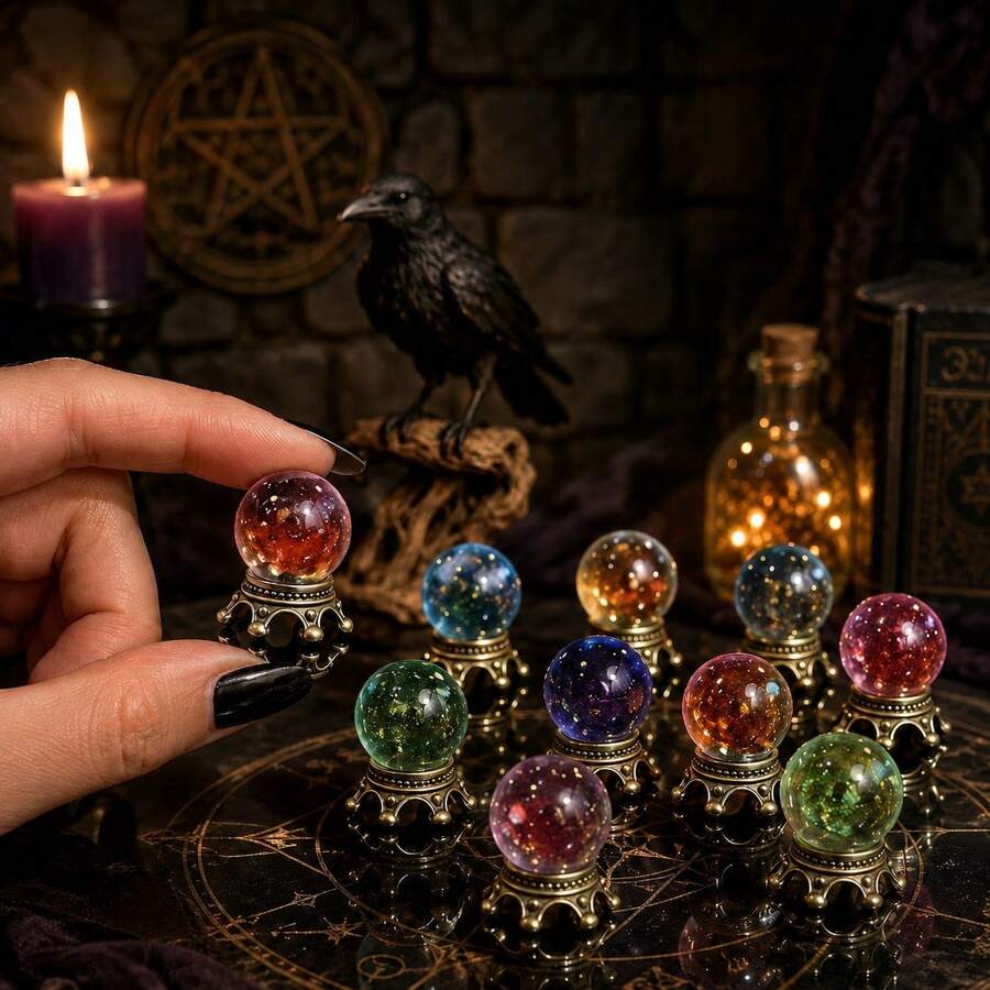 1:12 Miniature Starry Sky Crystal Ball Set, Silver Carved Base + Multi-Color Fillings Crystal Ball, Dollhouse Wizard Study/Bedroom Decor, Photography Scrapbooking DIY Prop - one-size - View 1