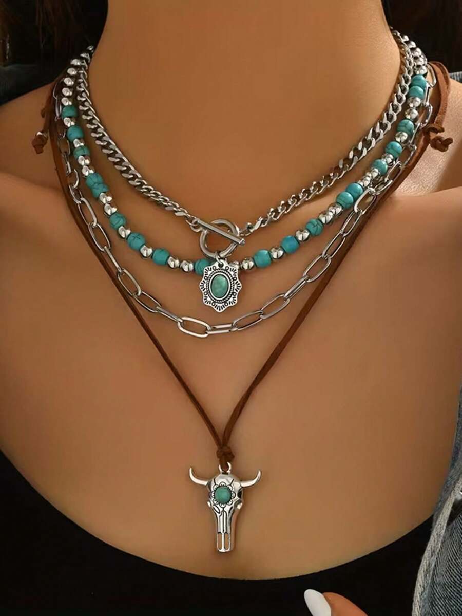 4pcs Bohemian Layered Necklace Set, Antique Silver 4-Layer Necklace With Turquoise Beads And Bull Skull Pendant, Western Cowboy Suede Rope Chain Necklace, Suitable For Women, Festival, Holiday, Daily Wear - Brown - View 1