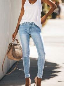 Women's Comfortable Stretchy Skinny Jeans, Distressed & Faded Design, Casual & Versatile For Commuting, All Season Spring Fall - Light Blue - View 7