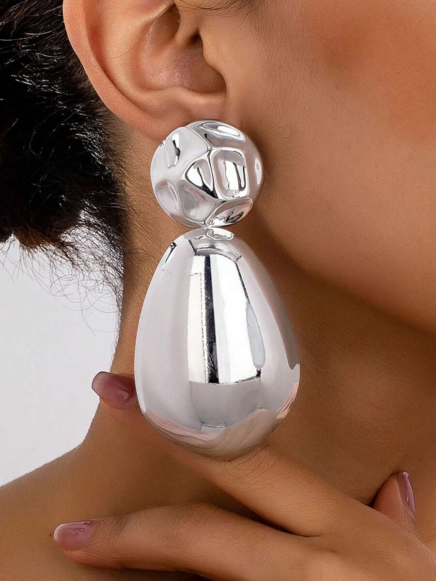 1 Pair Women's Fashion Stud Earrings, Bohemian Style Exaggerated Geometric Shape Metallic Glossy Large Earrings, Suitable For Daily Wear And Vacation