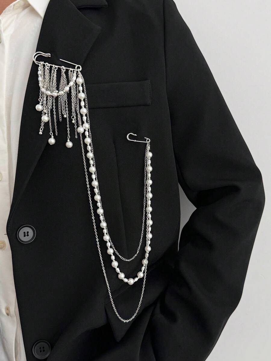 1pc Creative Minimalist Metal Tassel Brooch, Multi-Layer Faux Pearl Beaded Chain, For Suit, Pants Decoration, Versatile Brooch Personalized Jewelry