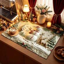 1pc Christmas Series Embossed Snowman & Reindeer Pattern Coffee Bar Mat, Diatomaceous Earth Soft Bottom Drainage Mat, Soft Rubber Absorbent Wear-Resistant Dish Drying Mat, For Countertop Restaurant Kitchen Table, Patio Dining Table Decor, Home Kitchen Supplies, Countertop Decorative Mat - Multicolor - View 2
