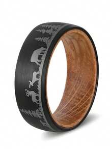1pc 8mm-Wide Tungsten Carbide Trees Forest Hunting Dear Lasered Silver Black Whiskey Barrel Wood Ring For Wedding,Exquisite Men's Accessory Jewelry - Black - View 20