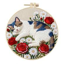 2D Flat Punch Needle Embroidery Kit For Beginners - Complete Embroidery Starter Set Including Tools And Instructions, DIY Punch Needle Embroidery Kit, Cat And Flower, Sleeping Cat, Cat Holding Flower, Cat Looking Up Embroidery Needle Beginner Handmade Kit Easy To Make Adult Holiday Gift And Decoration, Bamboo Frame Style Random - A - View 3