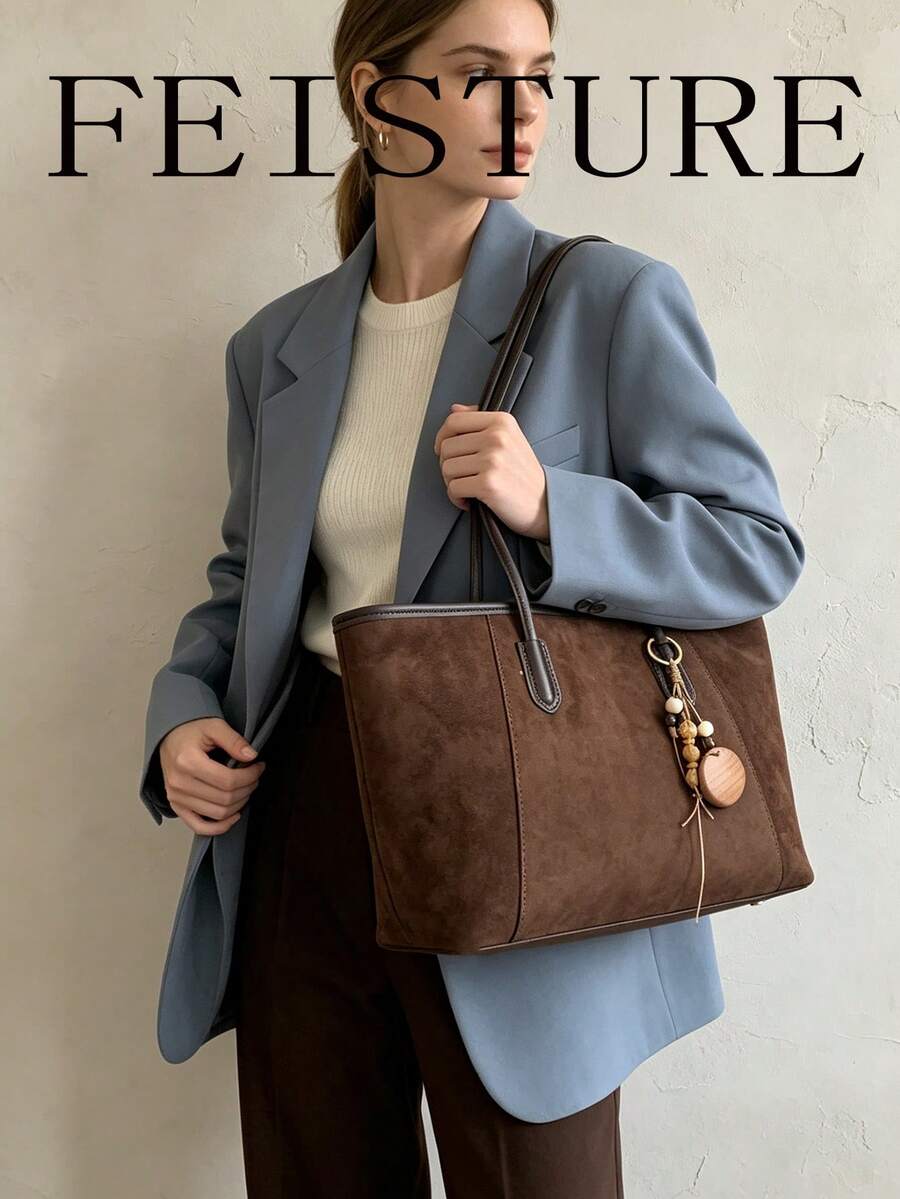 FEISTURE 1件大容量復古通勤單肩托特包，拉鍊開合，附吊飾，適合日常出行、約會、通勤