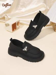 1 Pair Fashionable Cute Bow PU Pearl Hook Loop Non-Slip Durable Comfortable Versatile Girls' Flat Shoes, Suitable For Spring/Autumn Outdoor, Daily, Party And School Wear, Mary Jane Loafers - Black - View 3