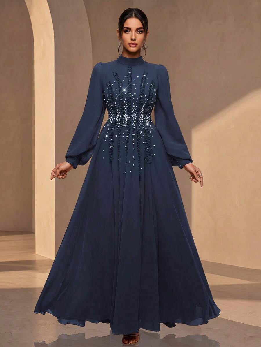 Elegant Women's Long Sleeve Stand Collar Dress, Perfect Formal Gown For Evening Events Wedding Party Fall - Royal Blue - View 1