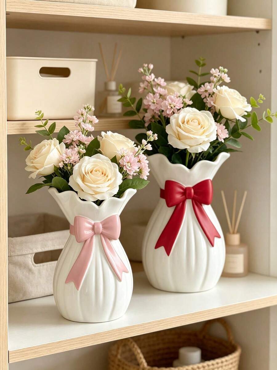 1pc White Vase With Red Bow, Elegant Wavy Edge Vase, Modern Decorative Centerpiece, Suitable For Vanity And Dining Table, Housewarming Gift, Home Center Decor, Vanity Decor, Housewarming Gift - Multi-color - View 1