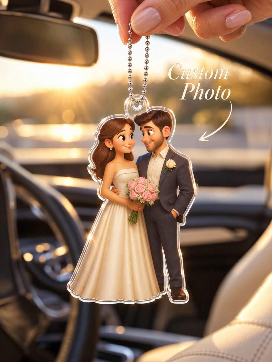 1pc Customized Couple Car Pendant - Multiple Styles Available, Personalized Acrylic Car Decor, Unique Anniversary Gift, Wedding Gift - Multicolor - View 1