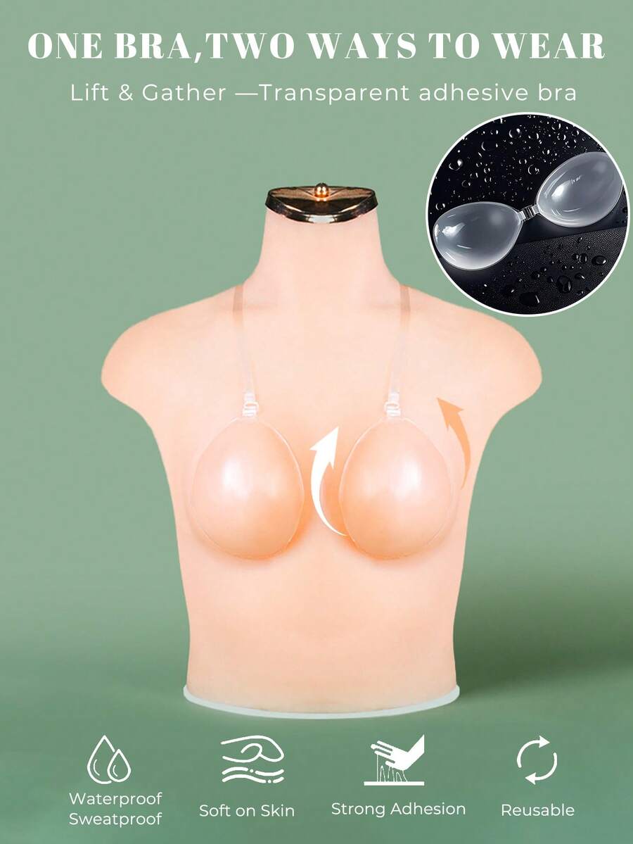 1 Pc Women's Invisible Strapless Silicone Bra (With Adhesive Padding), Suitable For Spaghetti Strap Dresses And Wedding Dresses, Summer Push-Up Support, Lightweight And Breathable