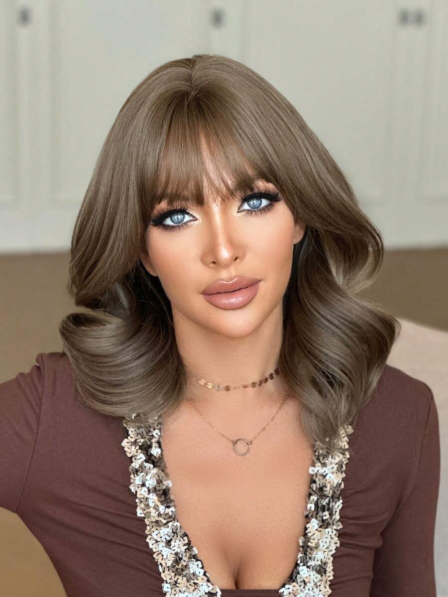 NAMM Short Curly Brown Wig With Bangs Shoulder-Length Body Wave Wig, Natural-Looking Synthetic Heat-Resistant Fiber Wig For Women Daily Party Use 14 Inch ( Chestnut Brown, Dark Brown, Blonde )