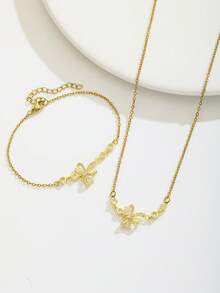 2pcs/Set Cute Sparkling Bowknot Zirconia Gold Tone Necklace Bracelet Children Jewelry For Girls Dainty Daily Wear Party Gift Back To School - Gold - View 3