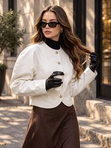 Fall Vintage Round Neck Star Gold Button Cropped Jacket, Elegant White Crop Coat, Versatile Outerwear For Fall Winter - Apricot - View 6