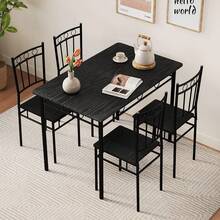 Juego de 5 Piezas Mesa de Comedor Negra 110x68.1x74.4 cm| Mesa Rectangular de Cocina con 4 Sillas de Metal| Juego de Comedor para 4 Personas para Espacio Pequeño Comedor y Departamento| Fácil de Armar - Negro - Ver 1