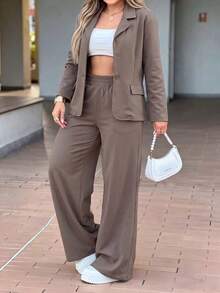 LUNNELUX Women Fall Solid 2 Pieces Lapel Single Button Blazer & High Waist Wide Leg Pants Set, Elegant Office Streetwear 2 Pieces Outfits - Brown - View 8