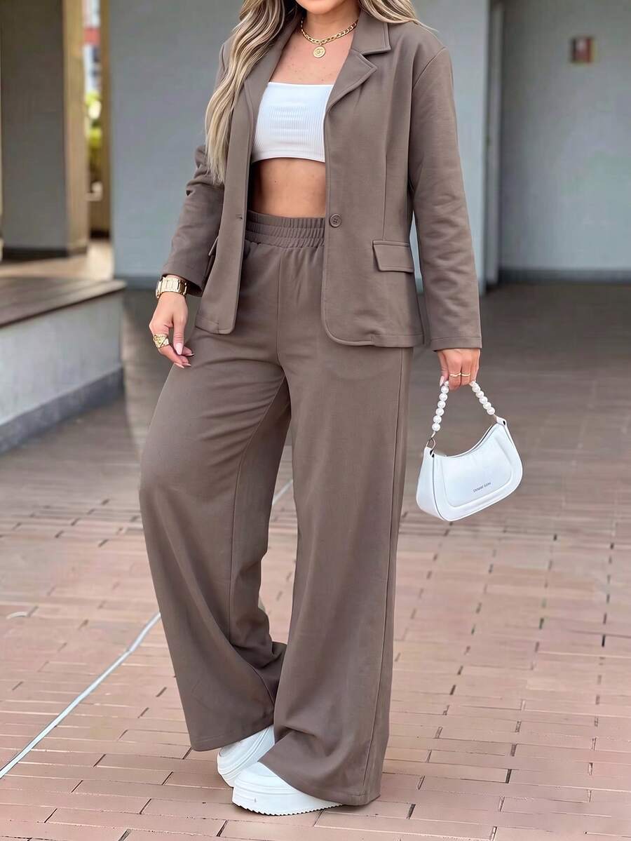 LUNNELUX Women Fall Solid 2 Pieces Lapel Single Button Blazer & High Waist Wide Leg Pants Set, Elegant Office Streetwear 2 Pieces Outfits - Brown - View 1